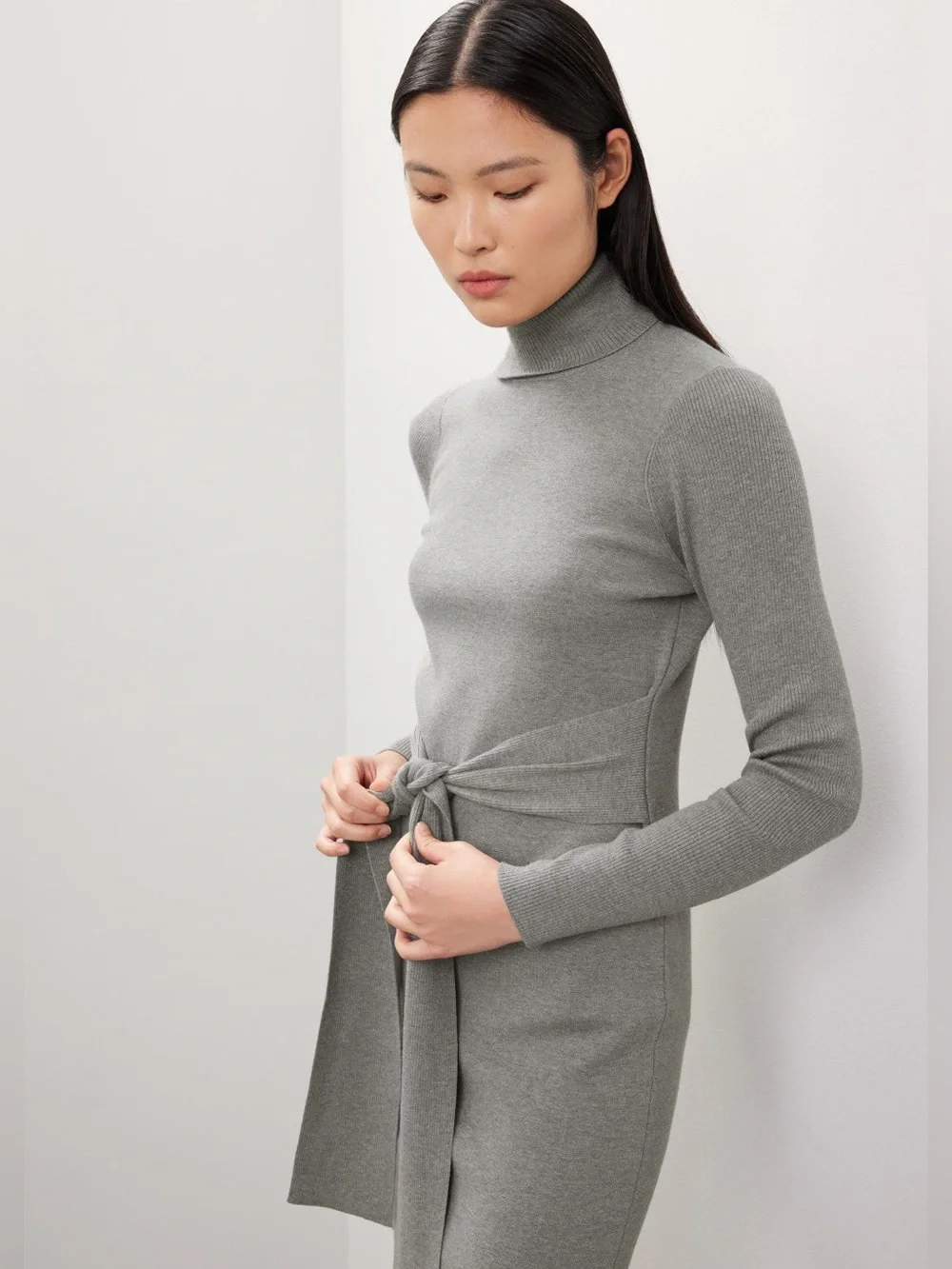 Turtleneck Tie-Waist Knit Midi Dress - Gray - Picture 2 of 9